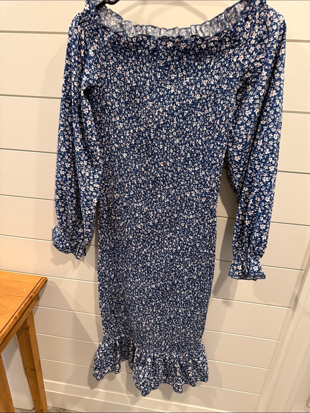 Navy Floral Long-Sleeve Smocked Midi Dress with Ruffle Hem